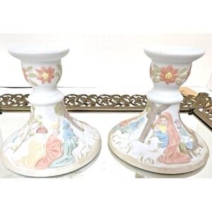 Vintage 1982 Lefton Nativity Candlestick Holders Set Porcelain Christmas